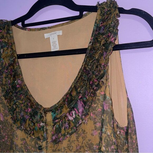 J Crew Size 8 Silk Floral Print Sleeveless Blouse Brown Top Ruffle - Picture 2 of 7